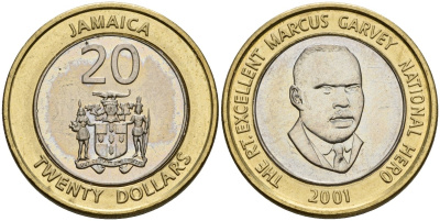 Ямайка 20 долларов 2001 KM 182 биметалл UNC 4118-541