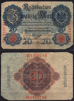 Германия 20 марок 1914 Pick 46b бумага 8592-35-2-1