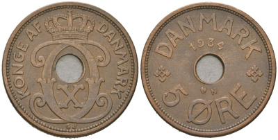 Дания 5 эре 1934 Кристиан X (1912-1947) KM 828 бронза 4589-957