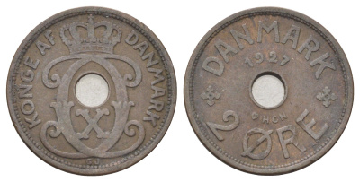 Дания 2 эре 1927 NCH, Кристиан X (1912-1947) KM 827 бронза 4701-648