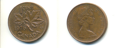 Канада 1 цент 1976 Елизавета II (1952-2022), кленовый лист KM 59.1 бронза 177-1346