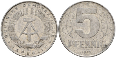 ГДР 5 пфеннигов 1975 A KM 9.1 алюминий 218-761