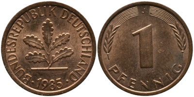 ФРГ 1 ПФЕННИГ 1985 J KM 105, J.380 сталь плакированная медью 96-1119