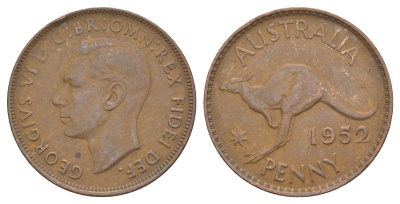 Австралия 1 пенни 1952 m, Георг VI (1937-1952), кенгуру KM 43 бронза 4179-211