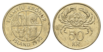 Исландия 50 крон 1992 краб KM 31 никель латунь 4691-224