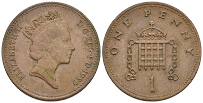 Великобритания 1 пенни 1989 Елизавета II (1952-2022) KM 935, Spink 4381 (B3) бронза 4609-965