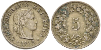 Швейцария 5 раппенов 1919 В KM 26 медно-никель 3955-1133