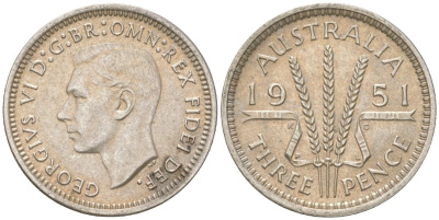 Австралия 3 пенса 1951 PL, Георг V (1936-1952) KM 44 серебро 4621-1224