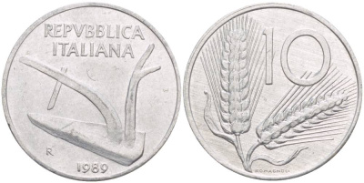 Италия 10 лир 1989 R, колосья, плуг KM 93 алюминий UNC 4551-241