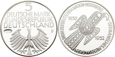 Германия медаль 2004 5 марок 1952 года, 100 лет Германскому музею в Нюрнберге серебро PROOF 00-00