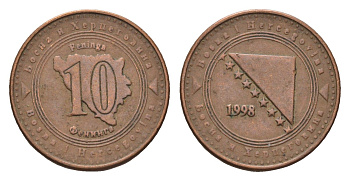 Босния и Герцеговина 10 фенингов 1998 KM 115 сталь плакированная медью 4702-158