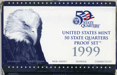 США официальный набор из 5 монет 1999 s, набор из 5 квотеров, штаты США, пластик, в оригинальной коробке с сертификатом PROOF 3-6-2-7