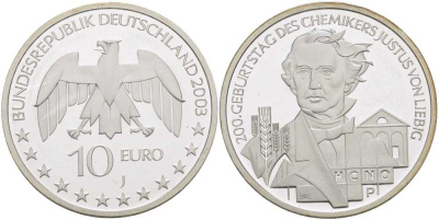 ФРГ 10 евро 2003 J, 200 лет со дня рождения Юстуса фон Либиха KM 222, DE.S. 10.7 серебро PROOF 413-5131