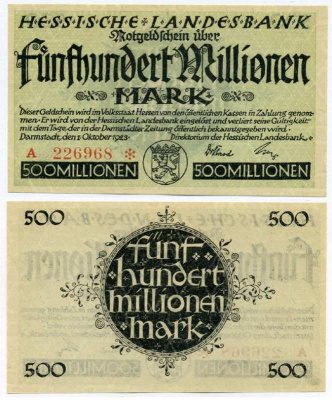 Германия, Дармштадт 500000000 марок (500 миллионов) 1923 1 октября 1923, нотгельд, земля Гессен, серия А, номер, снежинка, Hessesche Landesbank Keller 956е  бумага  UNC (пресс) 8613-20-1-1