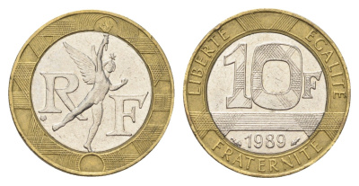 Франция 10 франков 1989 тип гений Бастилии KM 964.1, Le Franc 375.3 биметалл 4704-457