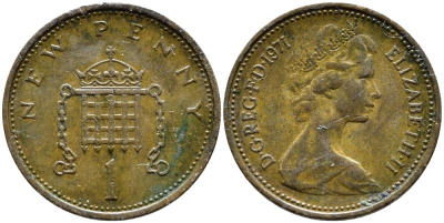 Великобритания 1 пенни 1971 Елизавета II (1952-2022) KM 915, Spink 4237 (B1) бронза 4393-252