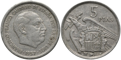Испания 5 песет 1957 (57) Франциско Франко (1939-1975) KM 786 медно-никель 4577-725