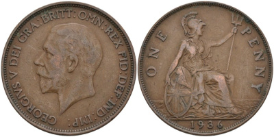 Великобритания 1 пенни 1936 Георг V (1910-1936) KM 838, Spink 4055 бронза 4574-111