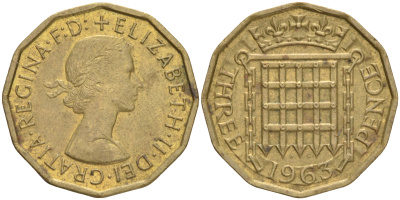 Великобритания 3 пенса 1963 Елизавета II (1952-2022) KM 900, Spink 4153 никель латунь 4556-513