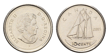 Канада 10 центов 2005 P, Елизавета II (1952-2022), парусник KM 492 сталь плакированная никелем UNC 4689-626