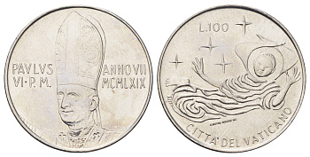 Ватикан 100 лир 1969 MCMLXIX, год-тип KM 114 нержавеющая сталь UNC 4700-643