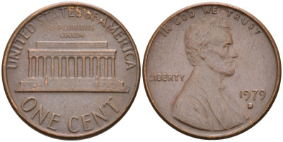 США 1 цент 1979 D, Линкольн KM 201 медь цинк 4580-413