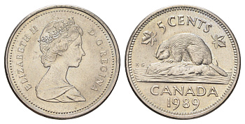 Канада 5 центов 1989 Елизавета II (1952-2022), бобр KM 60.2a медно-никель UNC 4689-433