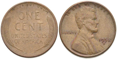 США 1 ЦЕНТ 1958 D, ЛИНКОЛЬН KM А132 медь цинк 218-1047