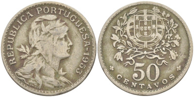 Португалия 50 сентаво 1953 голова Свободы вправо KM 577 медно-никель 219-847