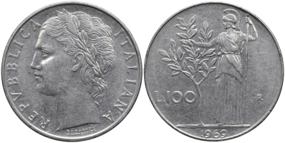 Италия 100 лир 1969 R, Афина в доспехах KM 96.1 нержавеющая сталь 4165-215