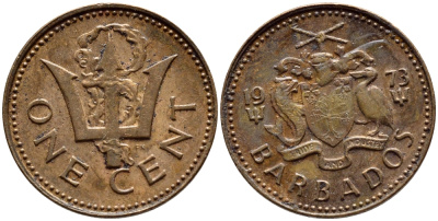 Барбадос 1 цент 1973 сломанный трезубец Британии KM 10 бронза 4396-1239