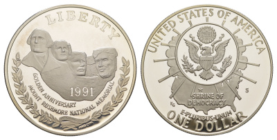 США 1 доллар 1991 S, 50 лет мемориалу президентов, гора Рашмор KM 229 серебро  PROOF  1091-10-41