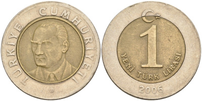 Турция 1 новая лира 2006 Кемаль Ататюрк KM 1169 биметалл 4561-153