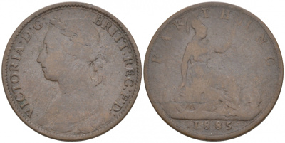 Великобритания 1 фартинг 1885 Виктория (1837-1901) KM 753, Spink 3958 бронза 187-134