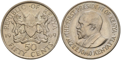 Кения 50 центов 1969 Джомо Кениата KM 13 медно-никель aUNC 4118-556
