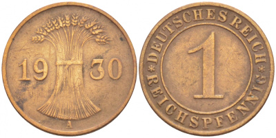 ГЕРМАНИЯ 1 РЕЙХСПФЕННИГ 1930 A KM 37 бронза 4396-1514