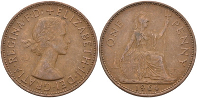 Великобритания 1 пенни 1964 Елизавета II (1952-2022) KM 897, Spink 4157 бронза 4574-226