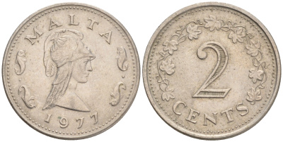 Мальта 2 цента 1977 Пентесилея, царица амазонок KM 9 медь цинк 192-351