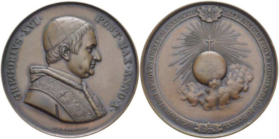 ВАТИКАН МЕДАЛЬ 1840 ПАПА РИМСКИЙ ГРИГОРИЙ XVI (1831-1846) ДЛЯ ЛИОНСКОГО (ФРАНЦИЯ) ОБЩЕСТВА РАСПРОСТРАНЕНИЯ ВЕРЫ, ОТКРЫТОГО В 1822 ГОДУ ПАПОЙ ПИЕМ VII, МЕДАЛЬЕР ДЖУЗЕППЕ GIROMETTI, ДИАМЕТР 51 ММ., ВЕС 63,55 ГР. Lincoln-2196 бронза 1084-1-42