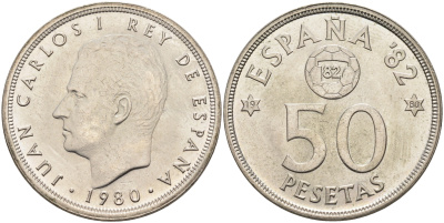 Испания 50 песет 1980 (80), чемпионат мира по футболу Испания 1982, Хуан Карлос I (1975-) KM 819 медно-никель 4590-114