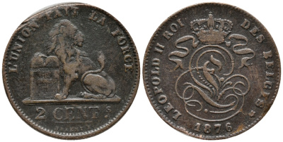 Бельгия 2 сантима 1876 Belges, Леопольд II (1865-1909) KM 35.1 медь 34-1116