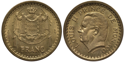 Монако 1 франк 1945 Луи II (1922-1949) KM 120 a алюминиевая бронза 113-825
