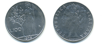 ИТАЛИЯ 100 ЛИР 1976 R, АФИНА KM 96.1 нержавеющая сталь 3999-335