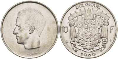 Бельгия 10 франков 1969 Belgique, Бодуэн I (1951-1993) KM 155.1 никель 213-626