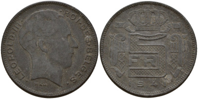 Бельгия 5 франков 1941 Des Belges, Леопольд III (1934-1947) KM 129 цинк 4161-933