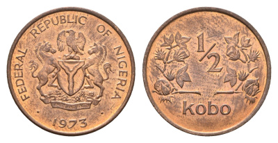 Нигерия 1/2 кобо 1973 год-тип KM 7 бронза UNC 206-334