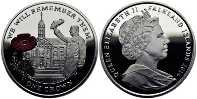 Фолклендские острова 1 крона 2014 в память героев первой мировой войны, Королевский госпиталь Челси, красный мак KM 177a.1 серебро, эмаль  PROOF 1071-2-53