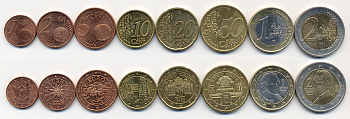 Австрия евронабор из 8 монет 2002 1, 2, 5, 10, 20, 50 евроцентов, 1 и 2 евро KM 210, 211, 212, 247, 248, 249, 250, 251 UNC 4691-1121-1127