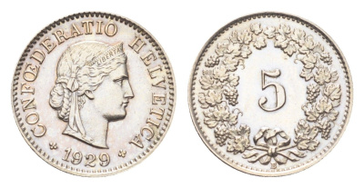 Швейцария 5 раппенов 1929 B KM 26 медно-никель 4705-1224
