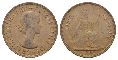 Великобритания 1 пенни 1962 Елизавета II (1952-2022) KM 897, Spink 4157 бронза 4661-843
